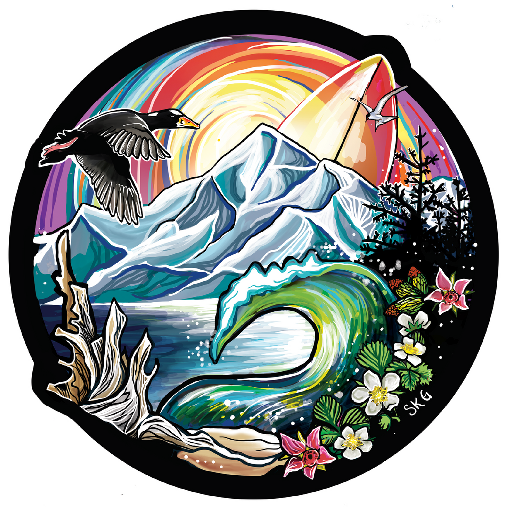 Alaska surfing sticker by Sarah K. Glaser illustration featuring drift wood, a wave, a surf scooter, and strawberry flowers